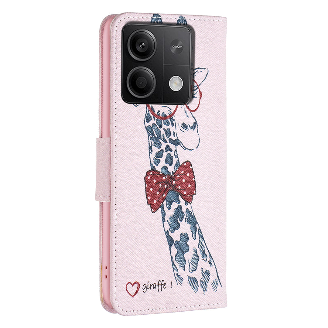 For Xiaomi Redmi Note 13 4G Pattern Leather Phone Case Wallet Cover - Giraffe
