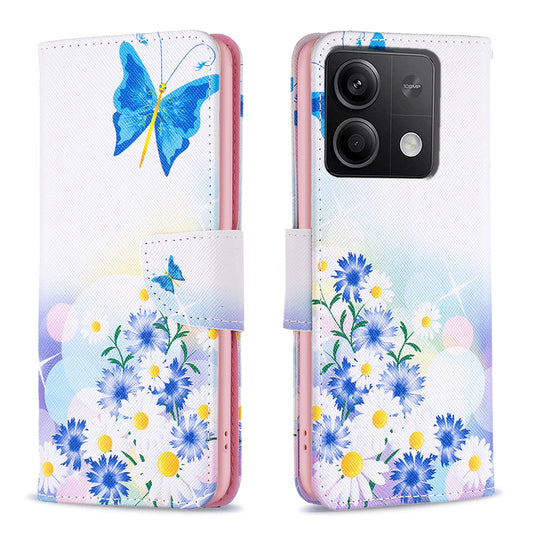 For Xiaomi Redmi Note 13 4G Pattern Leather Phone Case Wallet Cover - Butterfly and Flowers
