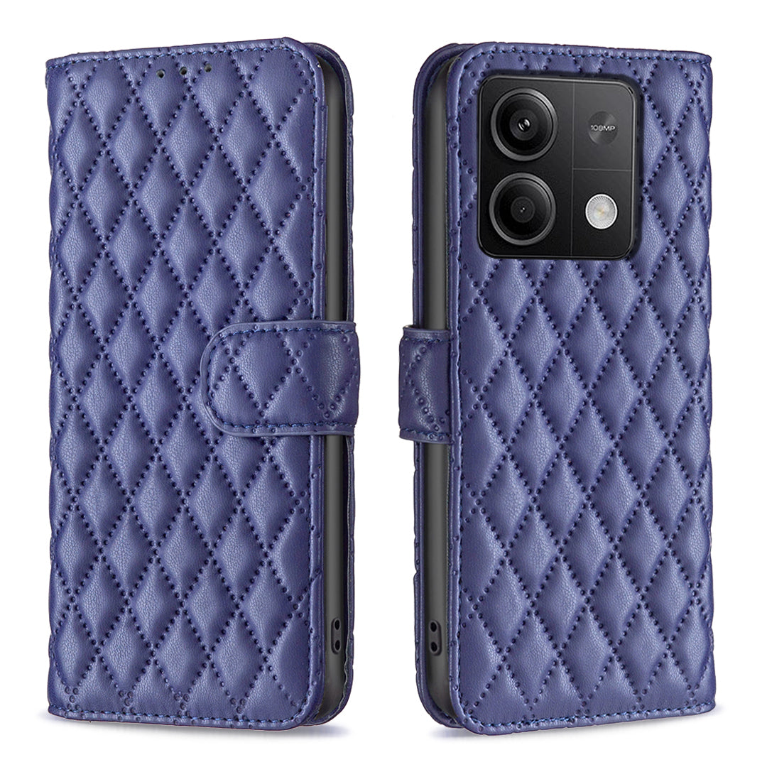 BINFEN COLOR BF Style-14 For Xiaomi Redmi Note 13 4G Leather Case Rhombus Grid Phone Cover Folding Stand - Blue