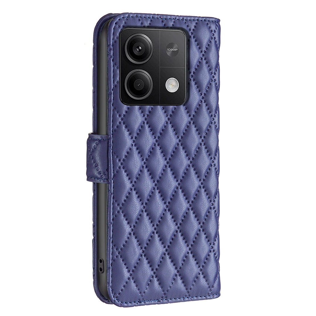 BINFEN COLOR BF Style-14 For Xiaomi Redmi Note 13 4G Leather Case Rhombus Grid Phone Cover Folding Stand - Blue