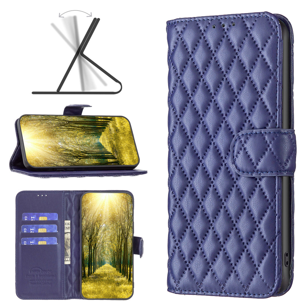 BINFEN COLOR BF Style-14 For Xiaomi Redmi Note 13 4G Leather Case Rhombus Grid Phone Cover Folding Stand - Blue