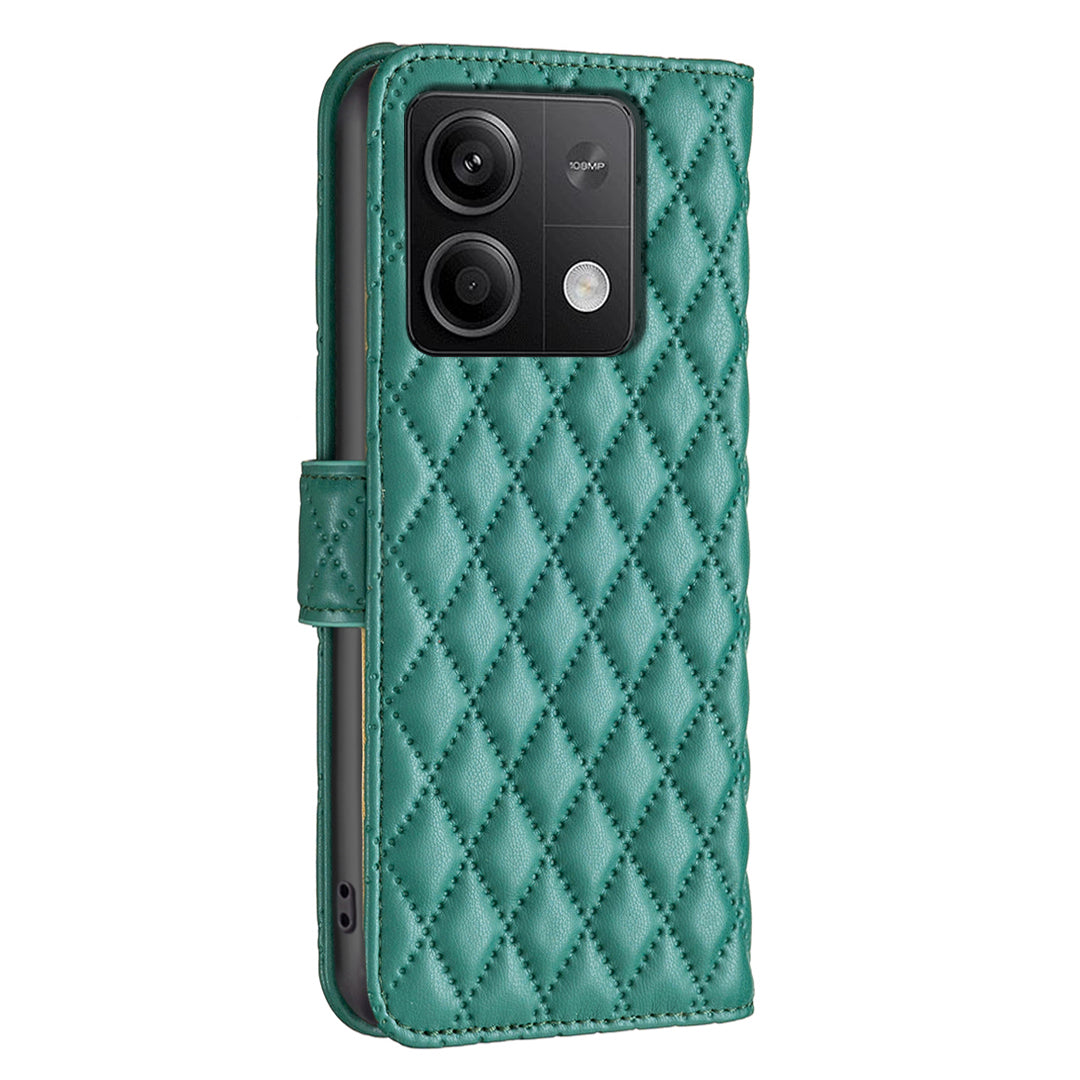 BINFEN COLOR BF Style-14 For Xiaomi Redmi Note 13 4G Leather Case Rhombus Grid Phone Cover Folding Stand - Green