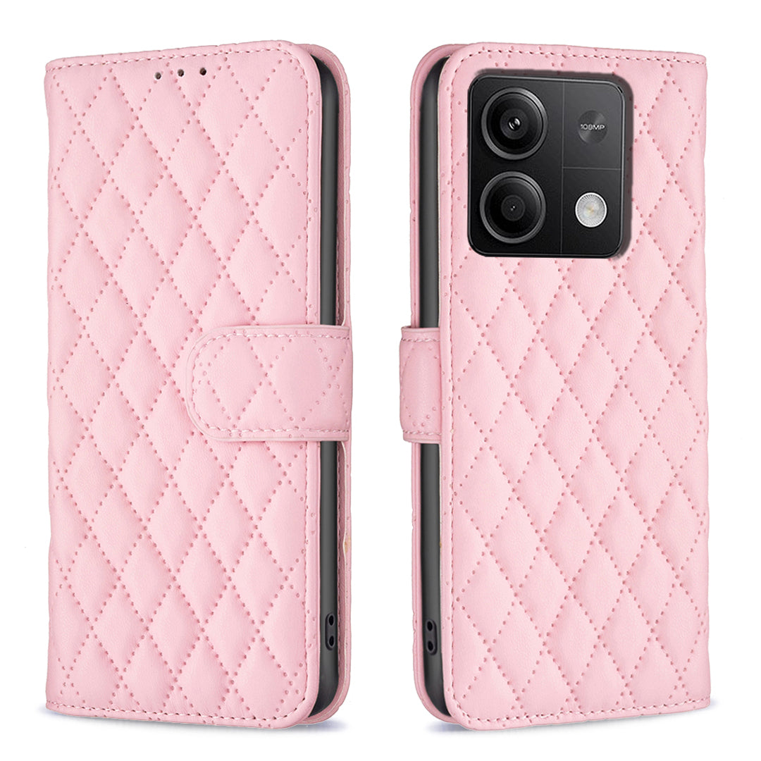 BINFEN COLOR BF Style-14 For Xiaomi Redmi Note 13 4G Leather Case Rhombus Grid Phone Cover Folding Stand - Pink