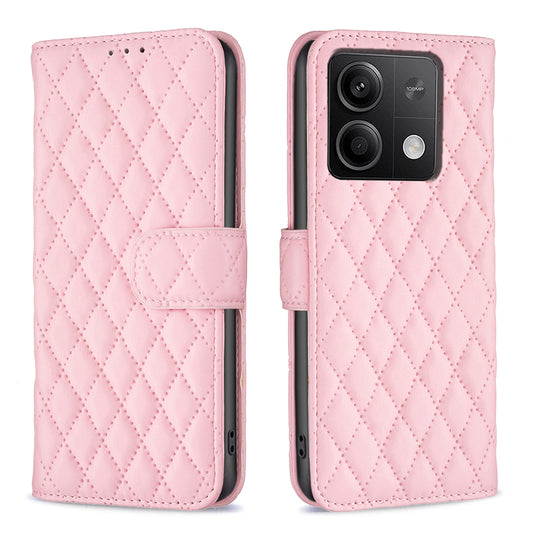 BINFEN COLOR BF Style-14 For Xiaomi Redmi Note 13 4G Leather Case Rhombus Grid Phone Cover Folding Stand - Pink