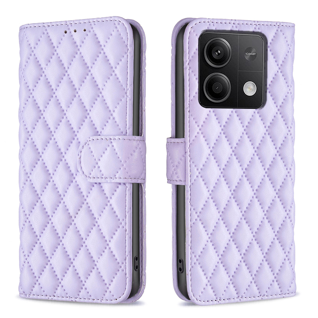 BINFEN COLOR BF Style-14 For Xiaomi Redmi Note 13 4G Leather Case Rhombus Grid Phone Cover Folding Stand - Purple
