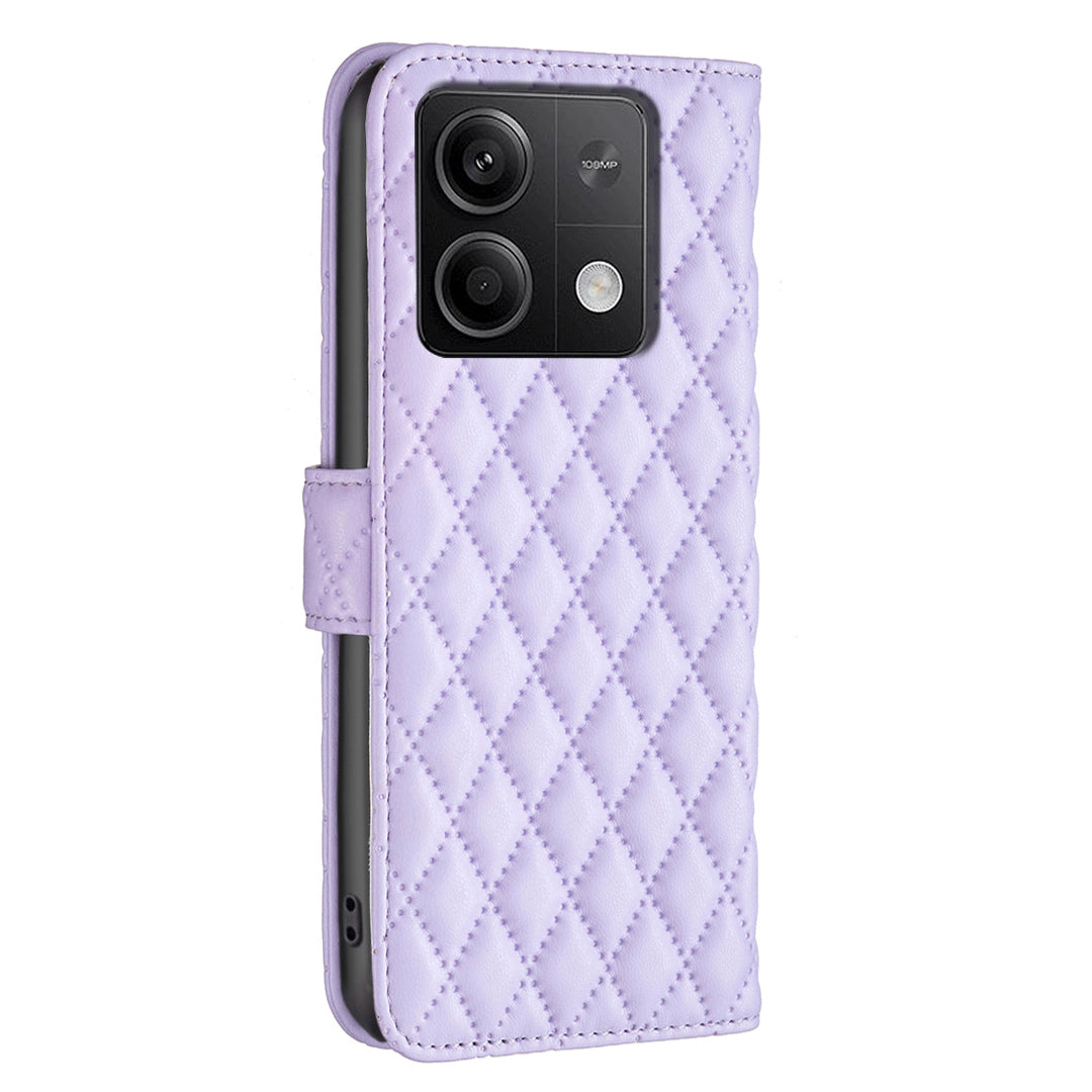 BINFEN COLOR BF Style-14 For Xiaomi Redmi Note 13 4G Leather Case Rhombus Grid Phone Cover Folding Stand - Purple