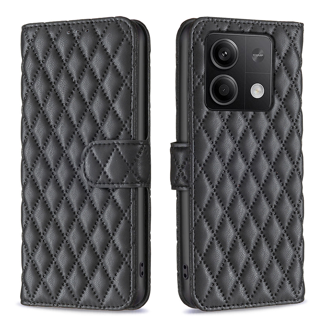 BINFEN COLOR BF Style-14 For Xiaomi Redmi Note 13 4G Leather Case Rhombus Grid Phone Cover Folding Stand - Black
