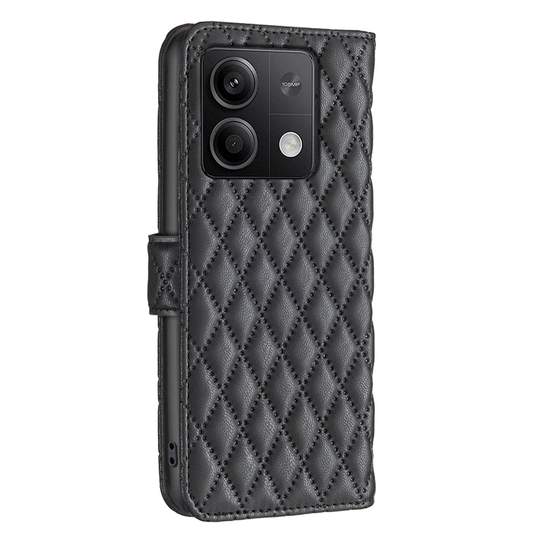 BINFEN COLOR BF Style-14 For Xiaomi Redmi Note 13 4G Leather Case Rhombus Grid Phone Cover Folding Stand - Black