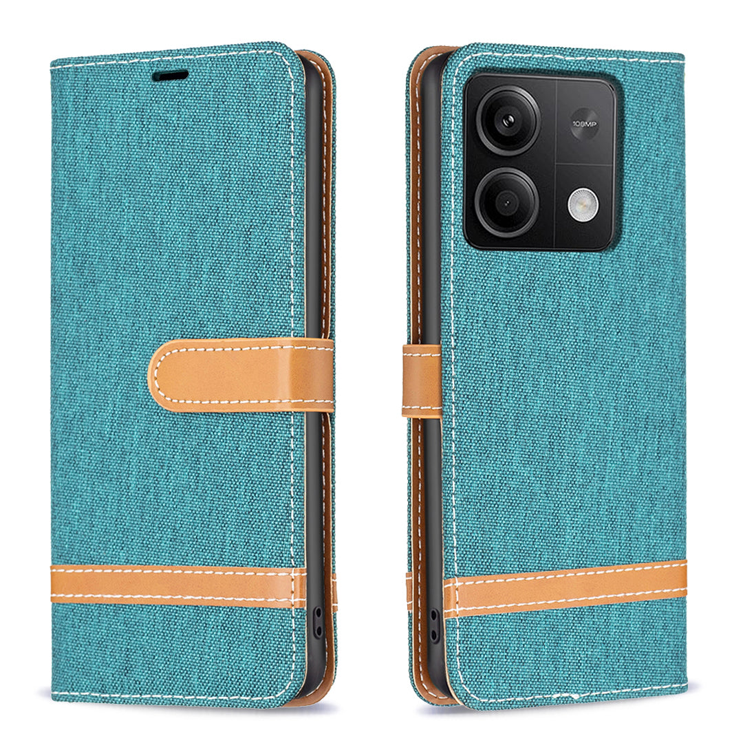 For Xiaomi Redmi Note 13 4G Phone Case Jeans Cloth Splicing Stand Wallet Cover - Green