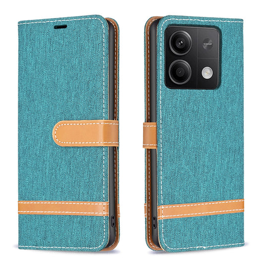 For Xiaomi Redmi Note 13 4G Phone Case Jeans Cloth Splicing Stand Wallet Cover - Green