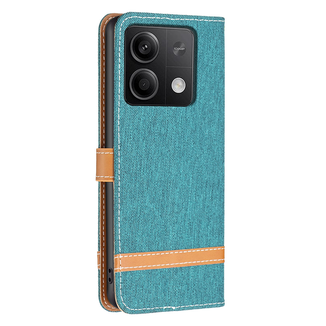 For Xiaomi Redmi Note 13 4G Phone Case Jeans Cloth Splicing Stand Wallet Cover - Green