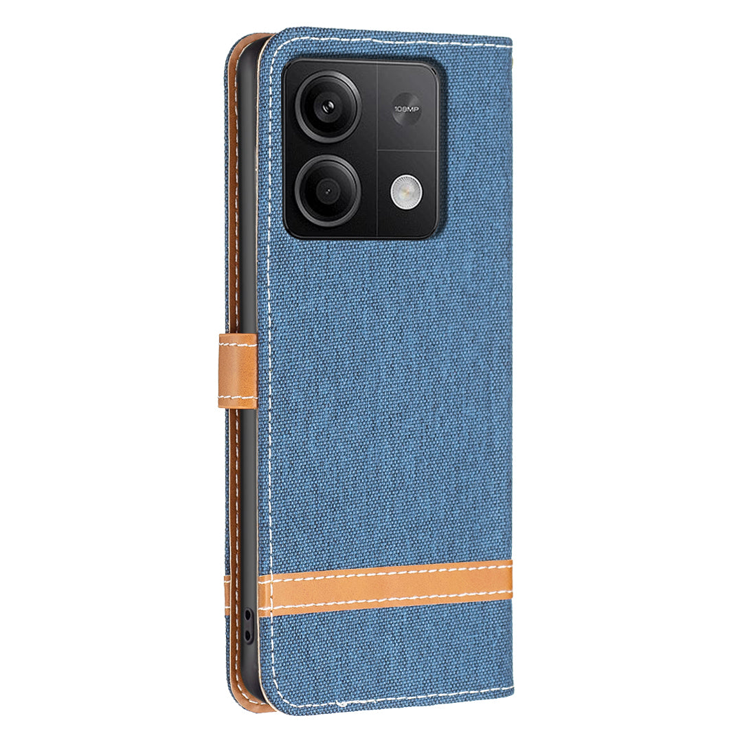 For Xiaomi Redmi Note 13 4G Phone Case Jeans Cloth Splicing Stand Wallet Cover - Navy Blue
