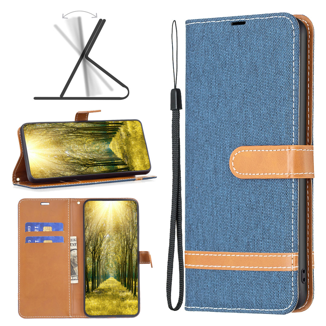 For Xiaomi Redmi Note 13 4G Phone Case Jeans Cloth Splicing Stand Wallet Cover - Navy Blue