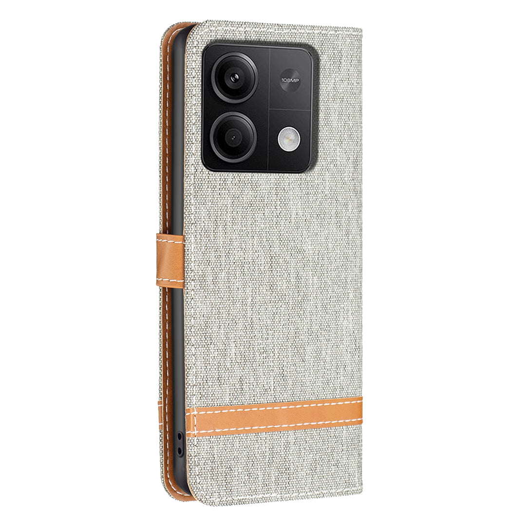 For Xiaomi Redmi Note 13 4G Phone Case Jeans Cloth Splicing Stand Wallet Cover - Grey