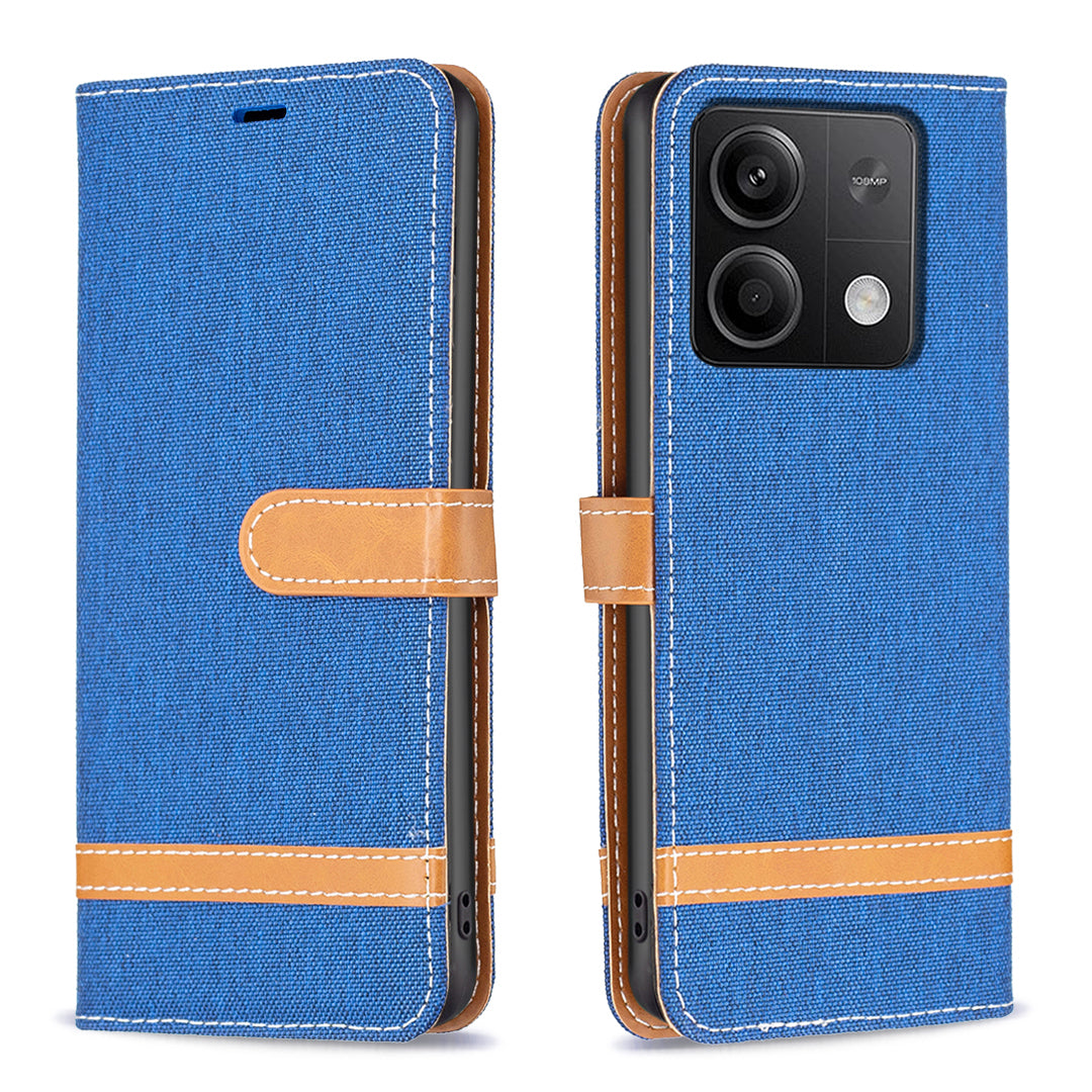 For Xiaomi Redmi Note 13 4G Phone Case Jeans Cloth Splicing Stand Wallet Cover - Sapphire