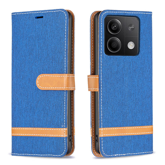 For Xiaomi Redmi Note 13 4G Phone Case Jeans Cloth Splicing Stand Wallet Cover - Sapphire