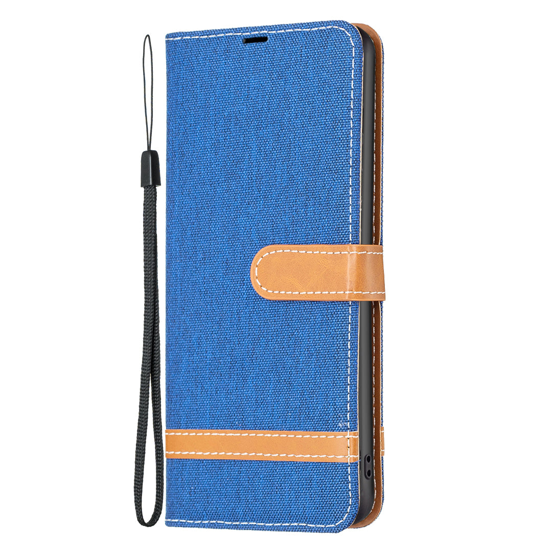 For Xiaomi Redmi Note 13 4G Phone Case Jeans Cloth Splicing Stand Wallet Cover - Sapphire