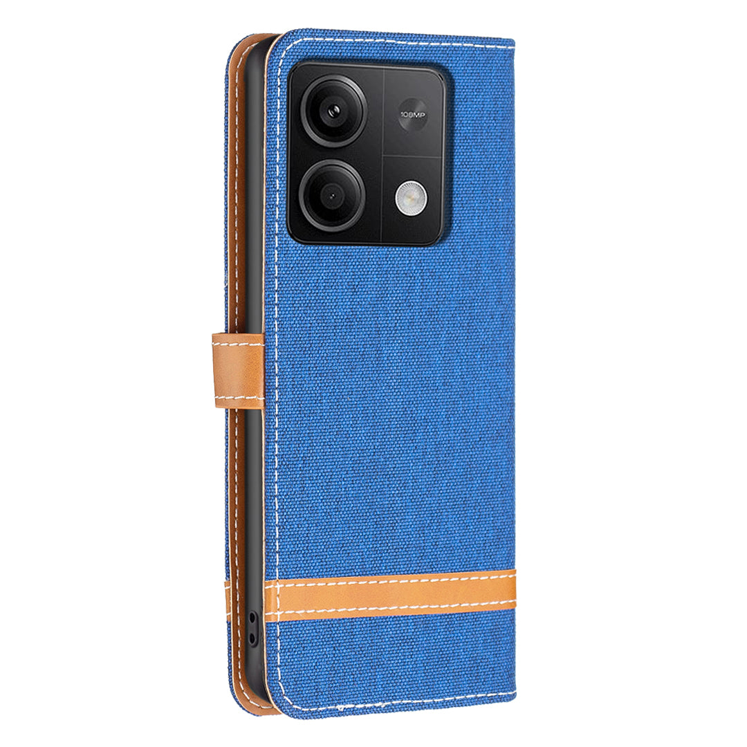 For Xiaomi Redmi Note 13 4G Phone Case Jeans Cloth Splicing Stand Wallet Cover - Sapphire