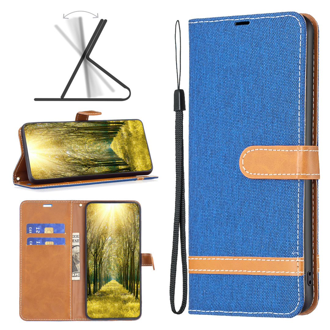 For Xiaomi Redmi Note 13 4G Phone Case Jeans Cloth Splicing Stand Wallet Cover - Sapphire