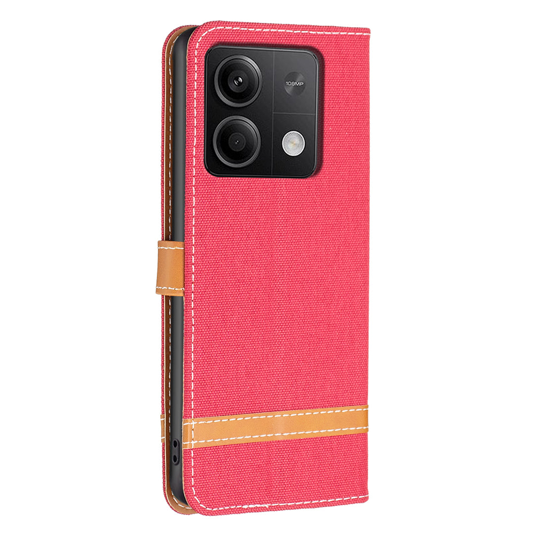 For Xiaomi Redmi Note 13 4G Phone Case Jeans Cloth Splicing Stand Wallet Cover - Red