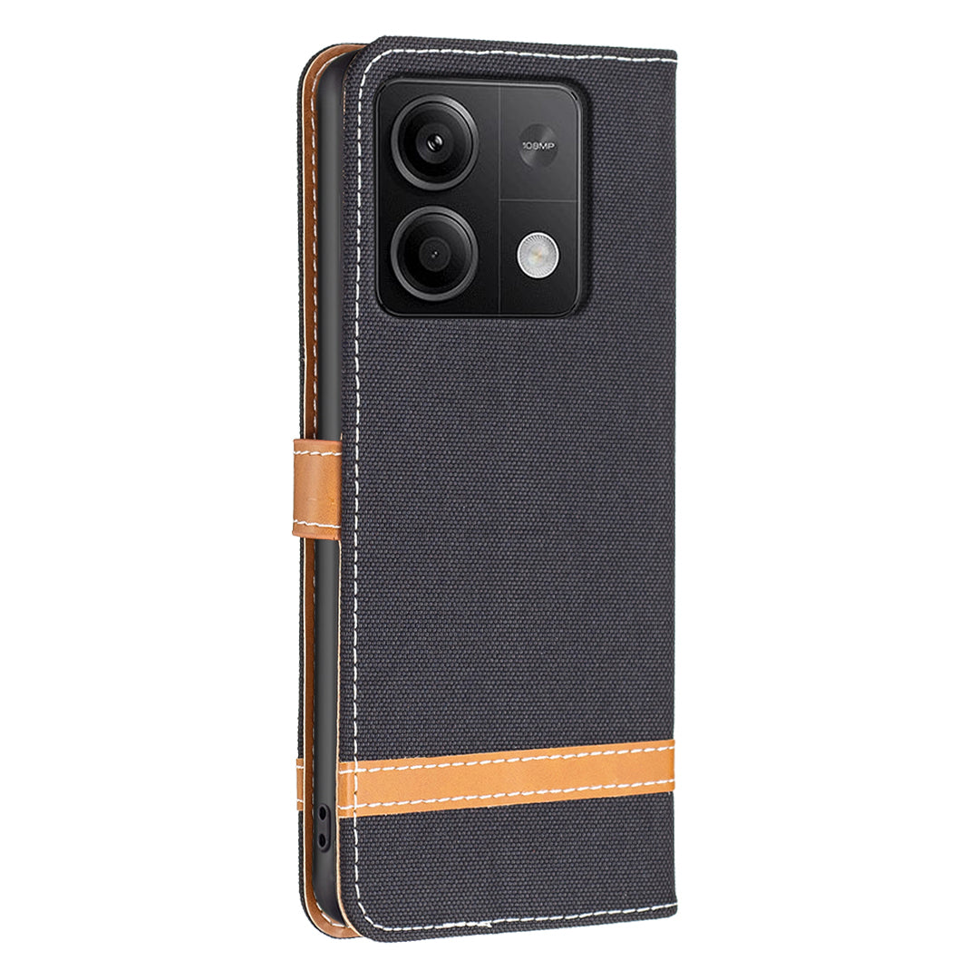 For Xiaomi Redmi Note 13 4G Phone Case Jeans Cloth Splicing Stand Wallet Cover - Black