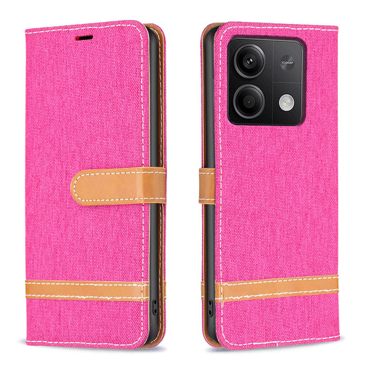 For Xiaomi Redmi Note 13 4G Phone Case Jeans Cloth Splicing Stand Wallet Cover - Rose