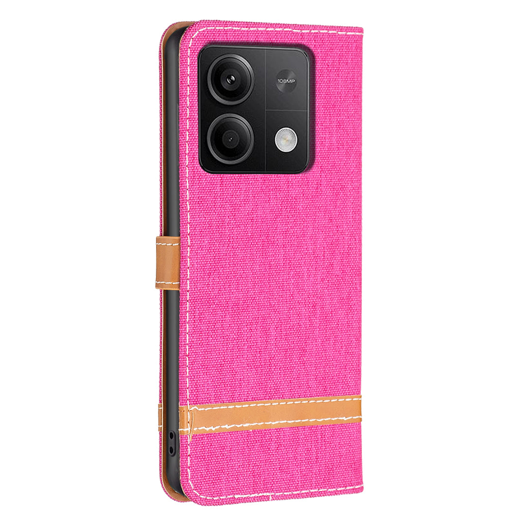 For Xiaomi Redmi Note 13 4G Phone Case Jeans Cloth Splicing Stand Wallet Cover - Rose