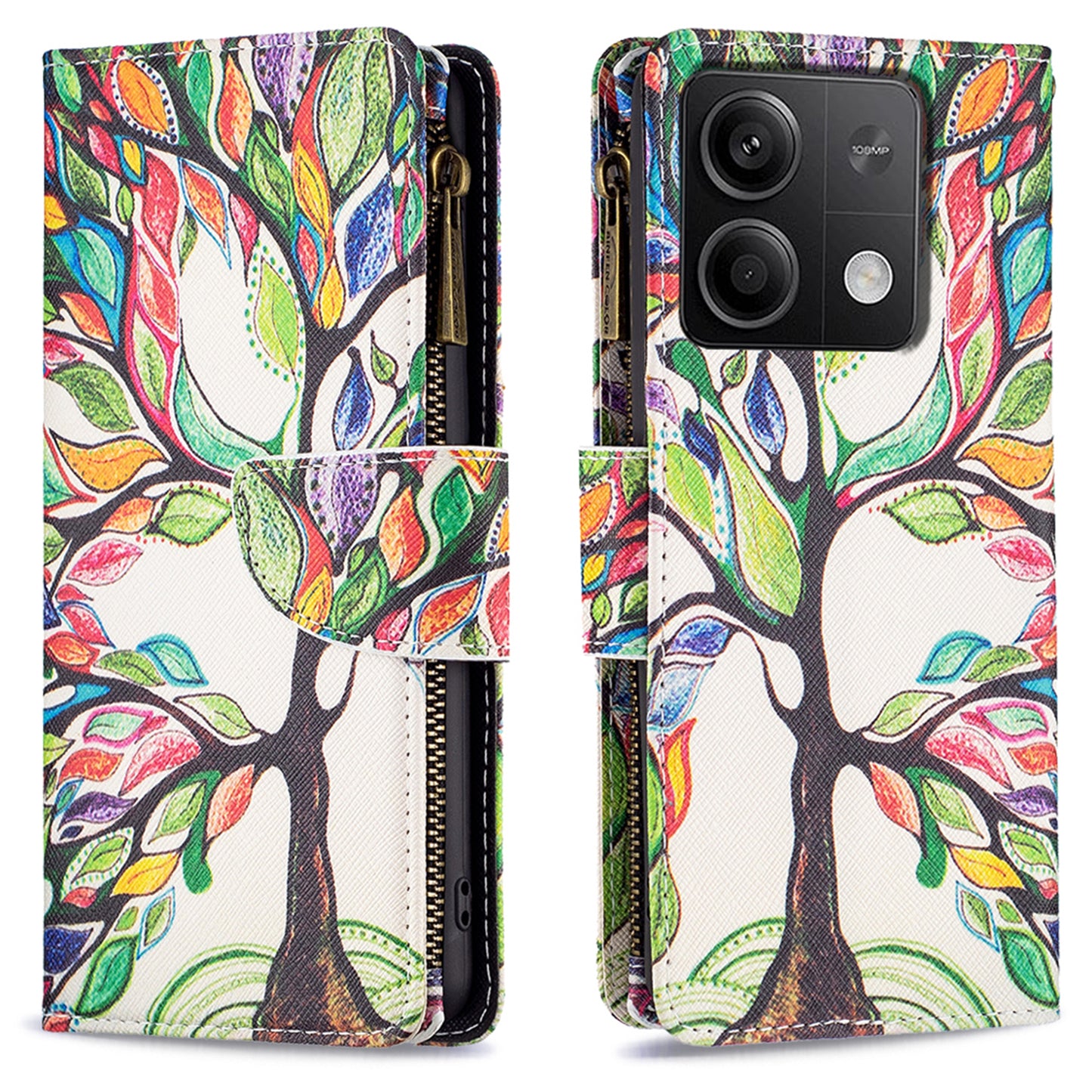 BF03 For Xiaomi Redmi Note 13 4G Zipper Leather Flip Cover Pattern Printed Phone Case Handbag - Life Tree