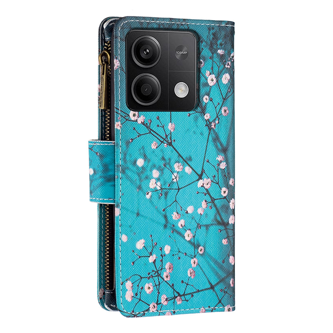 BF03 For Xiaomi Redmi Note 13 4G Zipper Leather Flip Cover Pattern Printed Phone Case Handbag - Plum Blossom