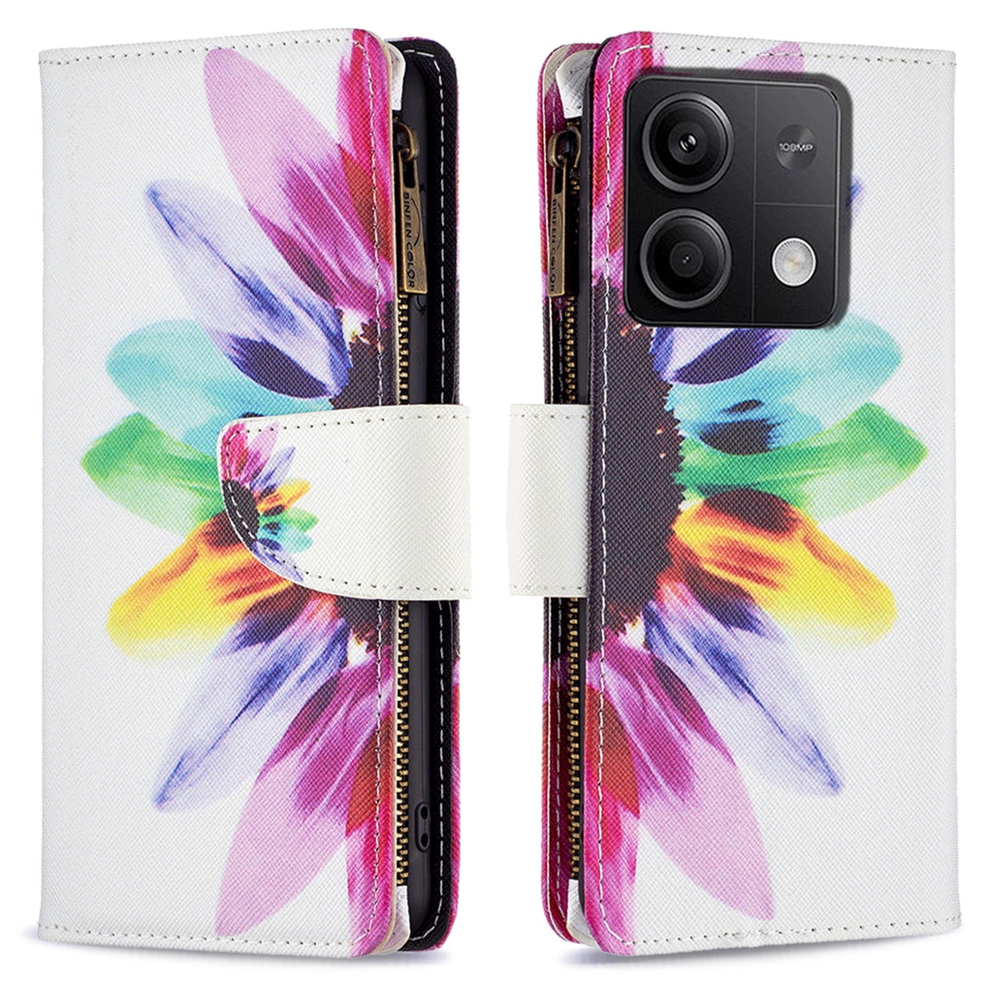 BF03 For Xiaomi Redmi Note 13 4G Zipper Leather Flip Cover Pattern Printed Phone Case Handbag - Sunflower