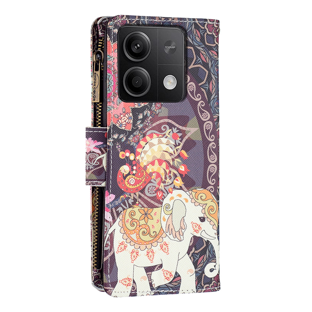 BF03 For Xiaomi Redmi Note 13 4G Zipper Leather Flip Cover Pattern Printed Phone Case Handbag - Flowers and Elephant