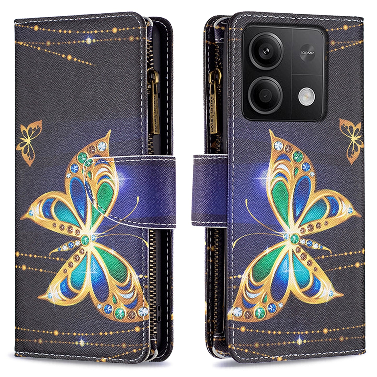 BF03 For Xiaomi Redmi Note 13 4G Zipper Leather Flip Cover Pattern Printed Phone Case Handbag - Rhinestone Butterfly