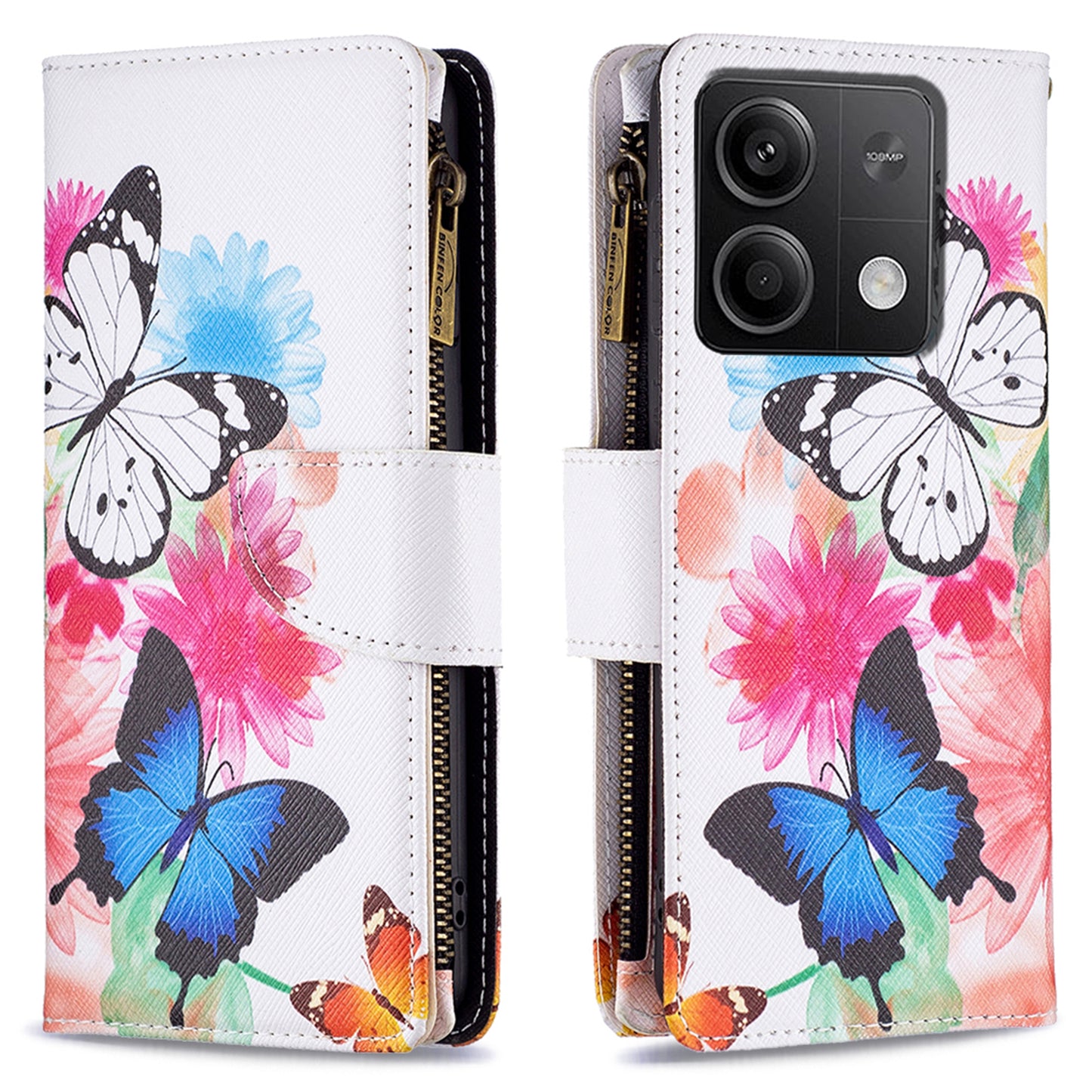 BF03 For Xiaomi Redmi Note 13 4G Zipper Leather Flip Cover Pattern Printed Phone Case Handbag - Two Butterflies