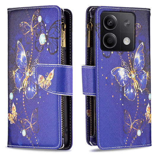 BF03 For Xiaomi Redmi Note 13 4G Zipper Leather Flip Cover Pattern Printed Phone Case Handbag - Purple Butterflies