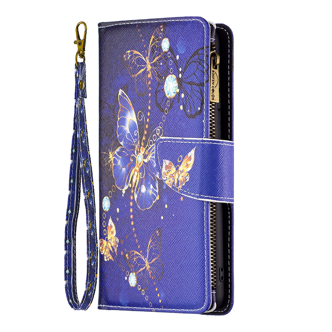 BF03 For Xiaomi Redmi Note 13 4G Zipper Leather Flip Cover Pattern Printed Phone Case Handbag - Purple Butterflies