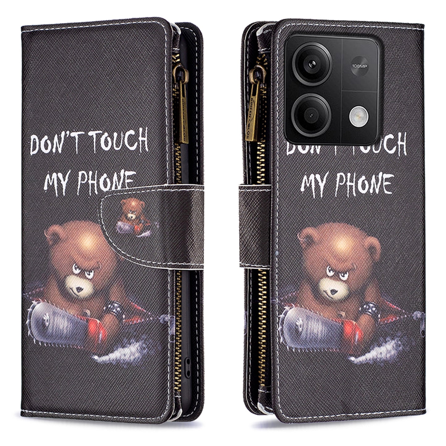 BF03 For Xiaomi Redmi Note 13 4G Zipper Leather Flip Cover Pattern Printed Phone Case Handbag - Bear