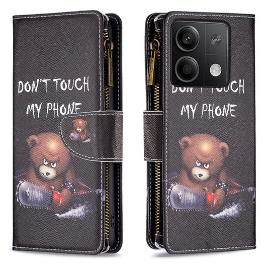 BF03 For Xiaomi Redmi Note 13 4G Zipper Leather Flip Cover Pattern Printed Phone Case Handbag - Bear