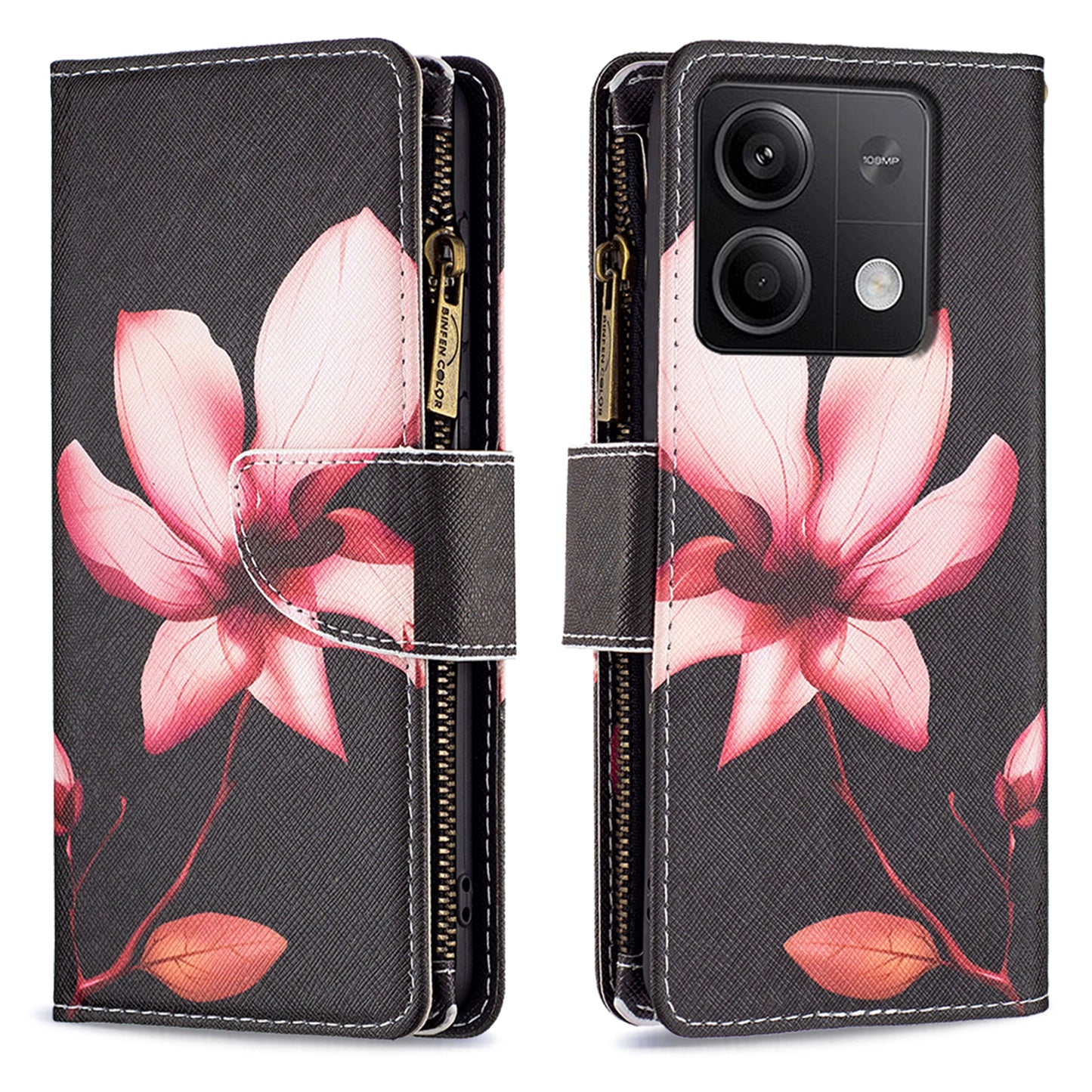 BF03 For Xiaomi Redmi Note 13 4G Zipper Leather Flip Cover Pattern Printed Phone Case Handbag - Lotus