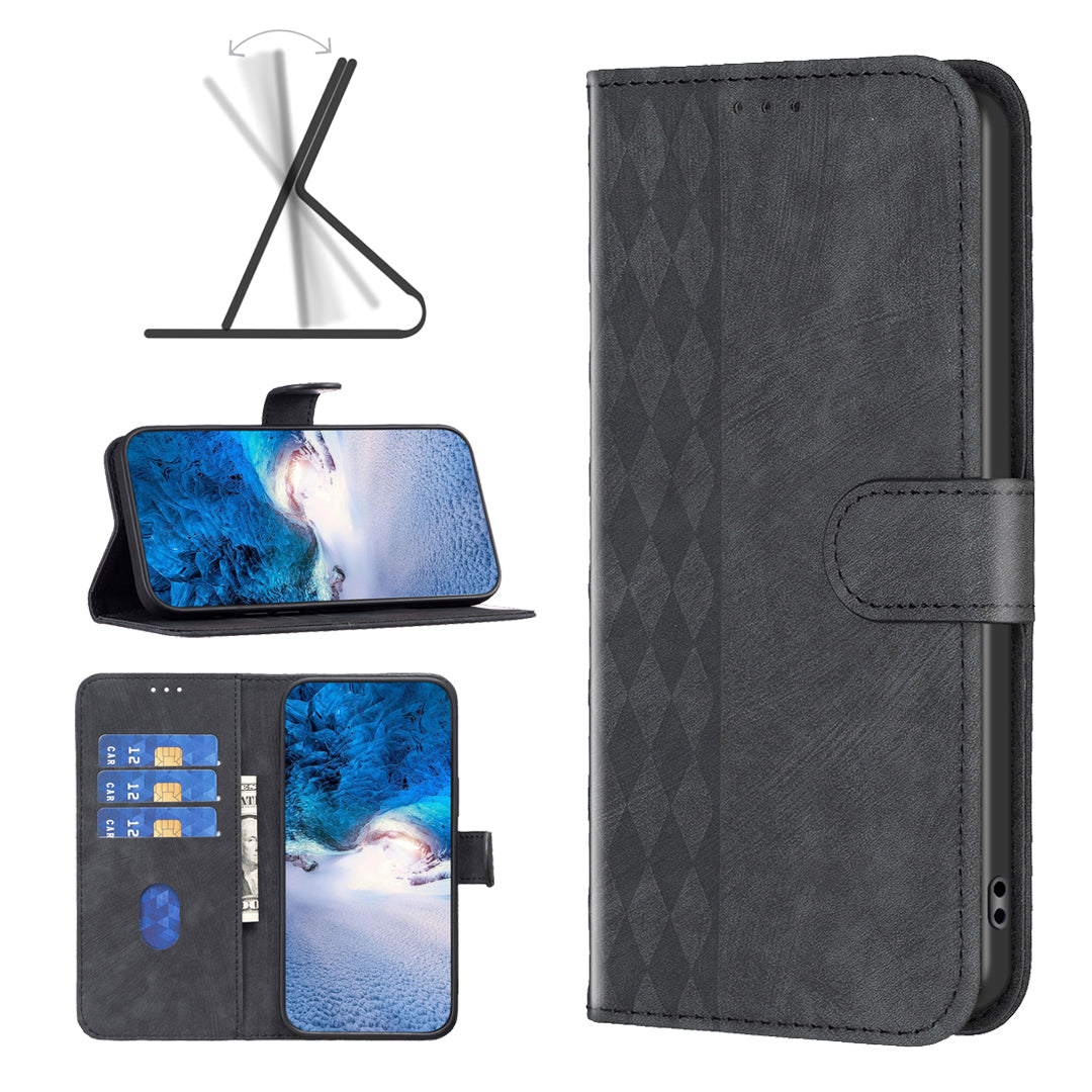 For Xiaomi Redmi Note 13 4G Magnetic Flip Cover Grid Imprinted Leather Phone Case - Black