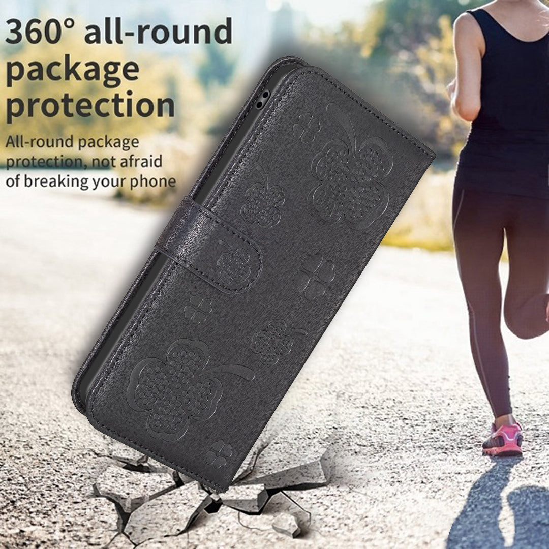 For Xiaomi Redmi Note 13 4G Clover Leather Case Folio Stand View Phone Cover - Black