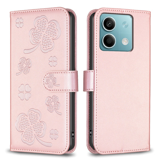 For Xiaomi Redmi Note 13 4G Clover Leather Case Folio Stand View Phone Cover - Pink
