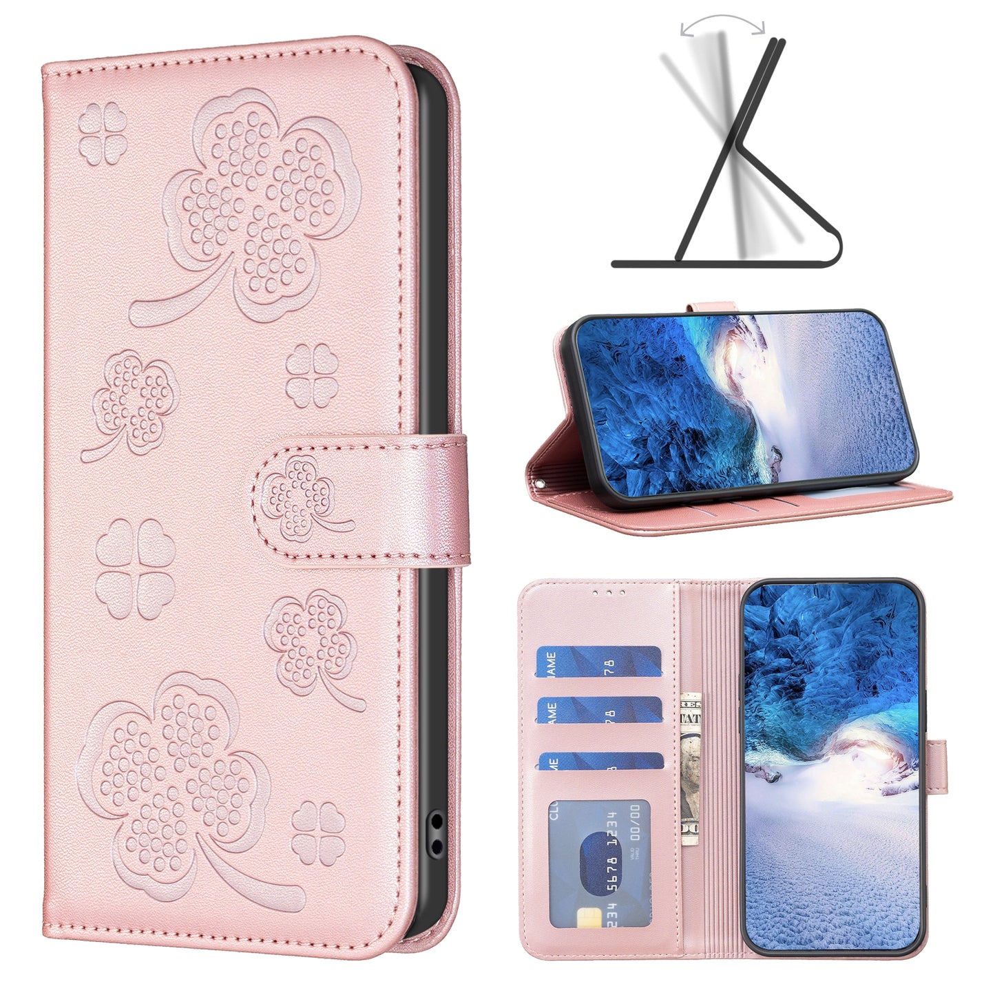 For Xiaomi Redmi Note 13 4G Clover Leather Case Folio Stand View Phone Cover - Pink