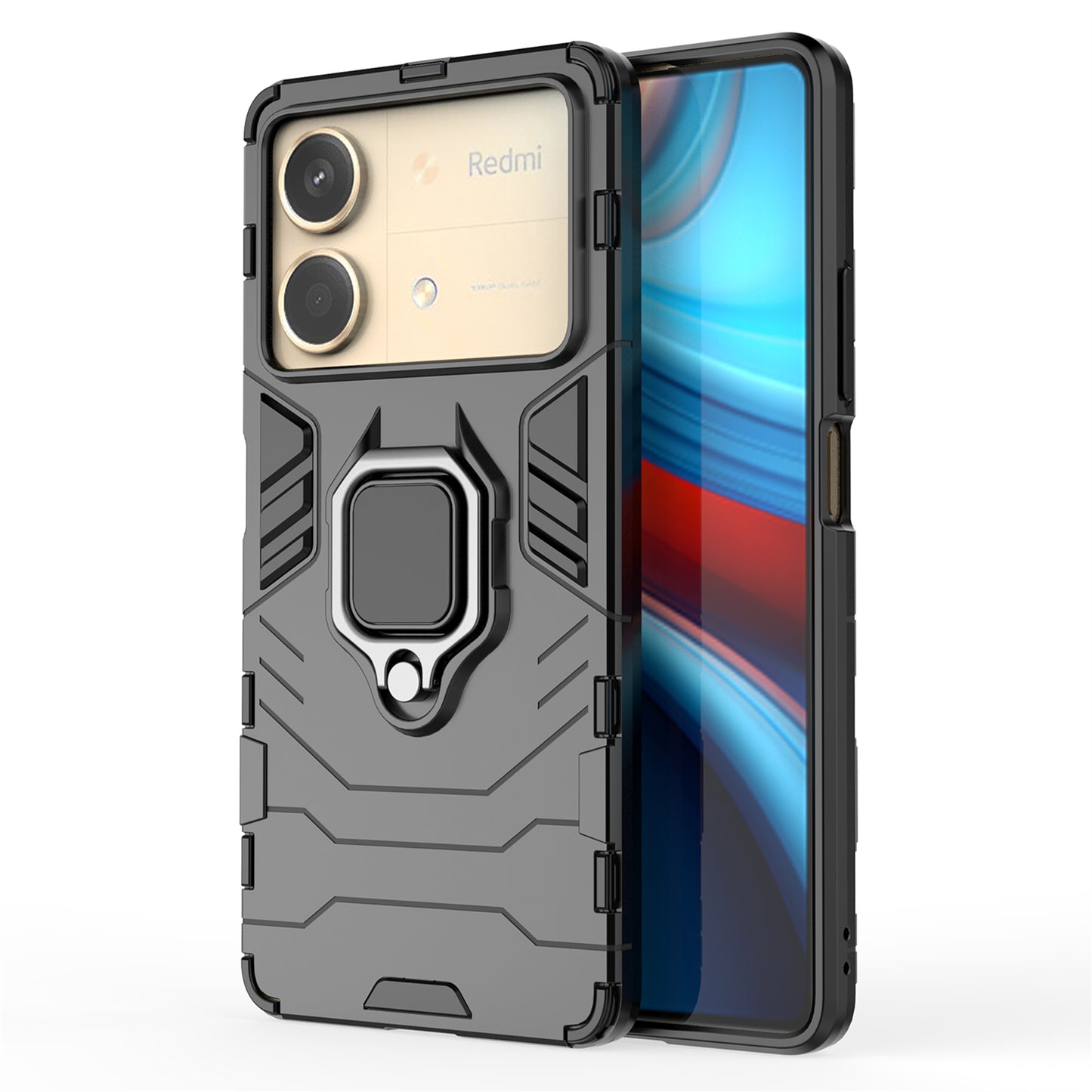 For Xiaomi Redmi Note 13R Pro 5G Case PC + TPU Phone Cover Ring Kickstand - Black