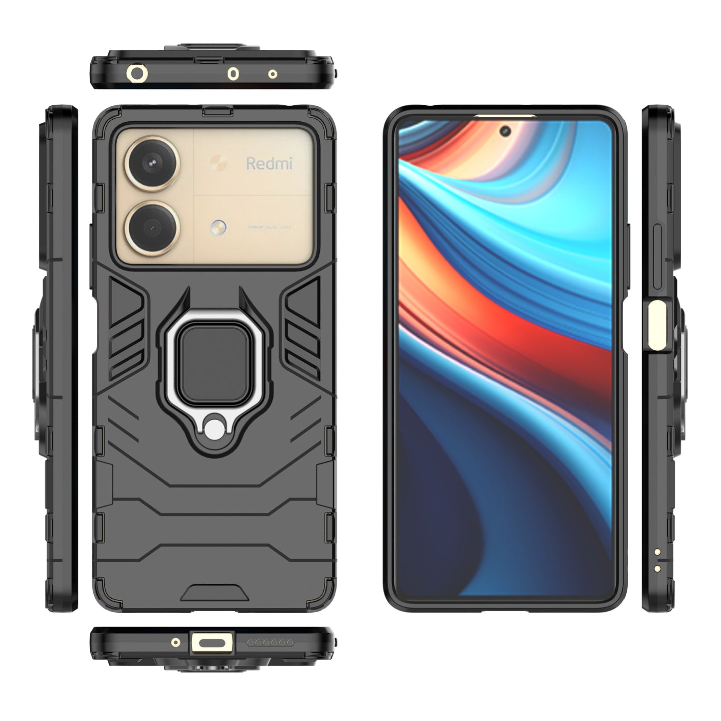 For Xiaomi Redmi Note 13R Pro 5G Case PC + TPU Phone Cover Ring Kickstand - Black