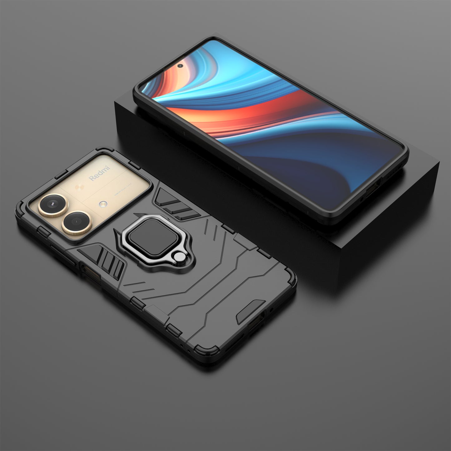 For Xiaomi Redmi Note 13R Pro 5G Case PC + TPU Phone Cover Ring Kickstand - Black