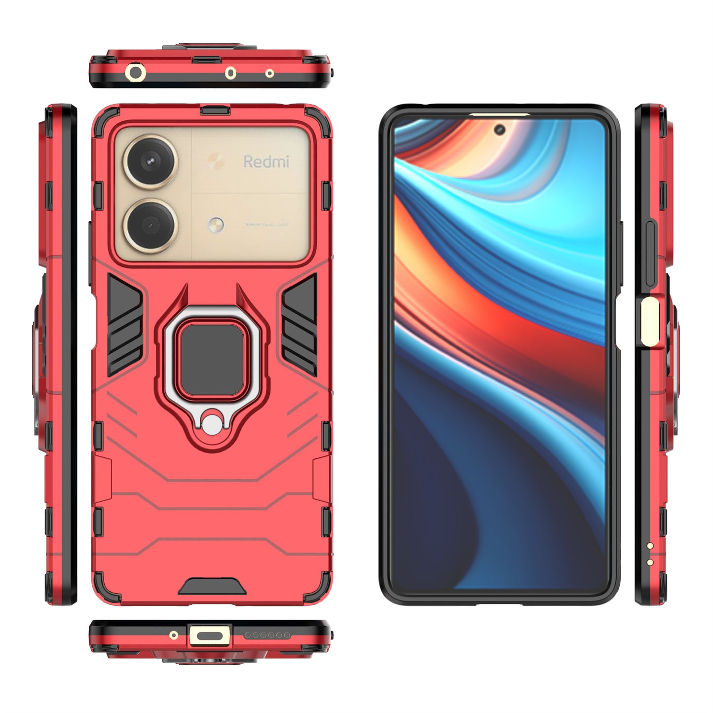 For Xiaomi Redmi Note 13R Pro 5G Case PC + TPU Phone Cover Ring Kickstand - Red