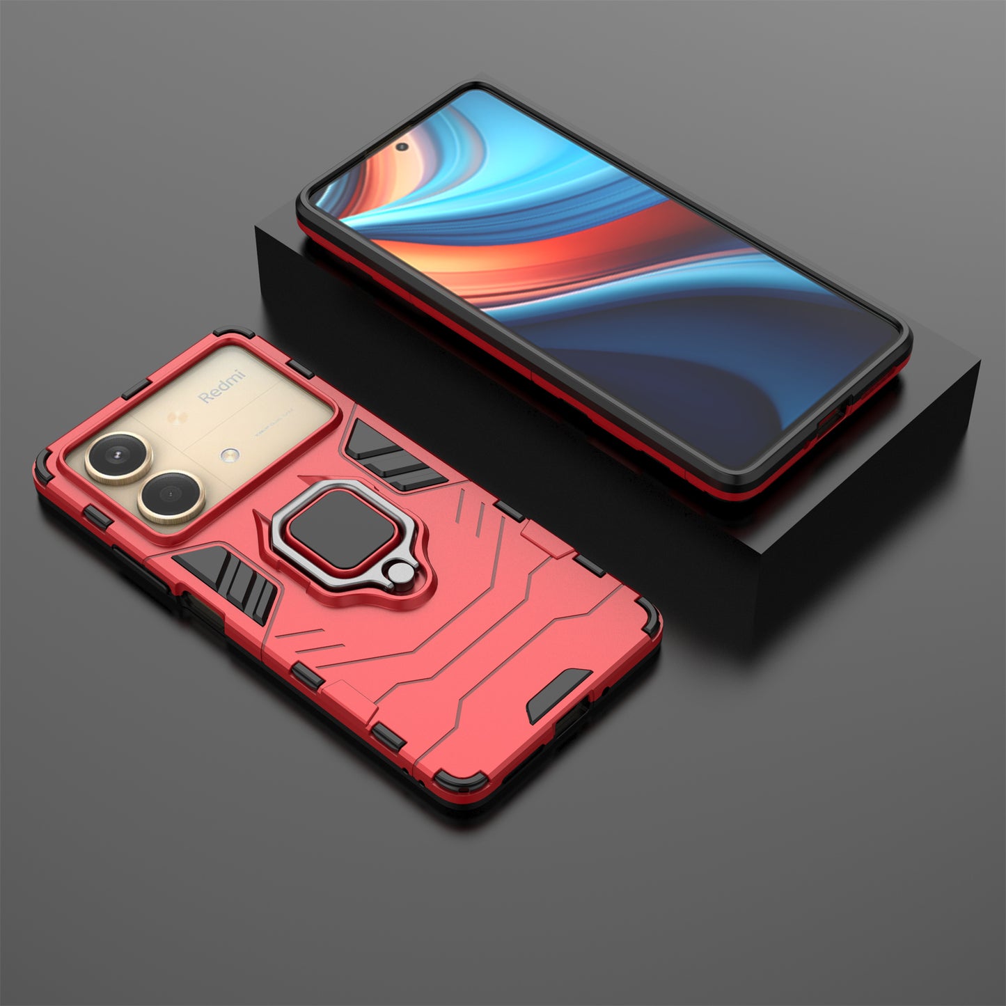For Xiaomi Redmi Note 13R Pro 5G Case PC + TPU Phone Cover Ring Kickstand - Red