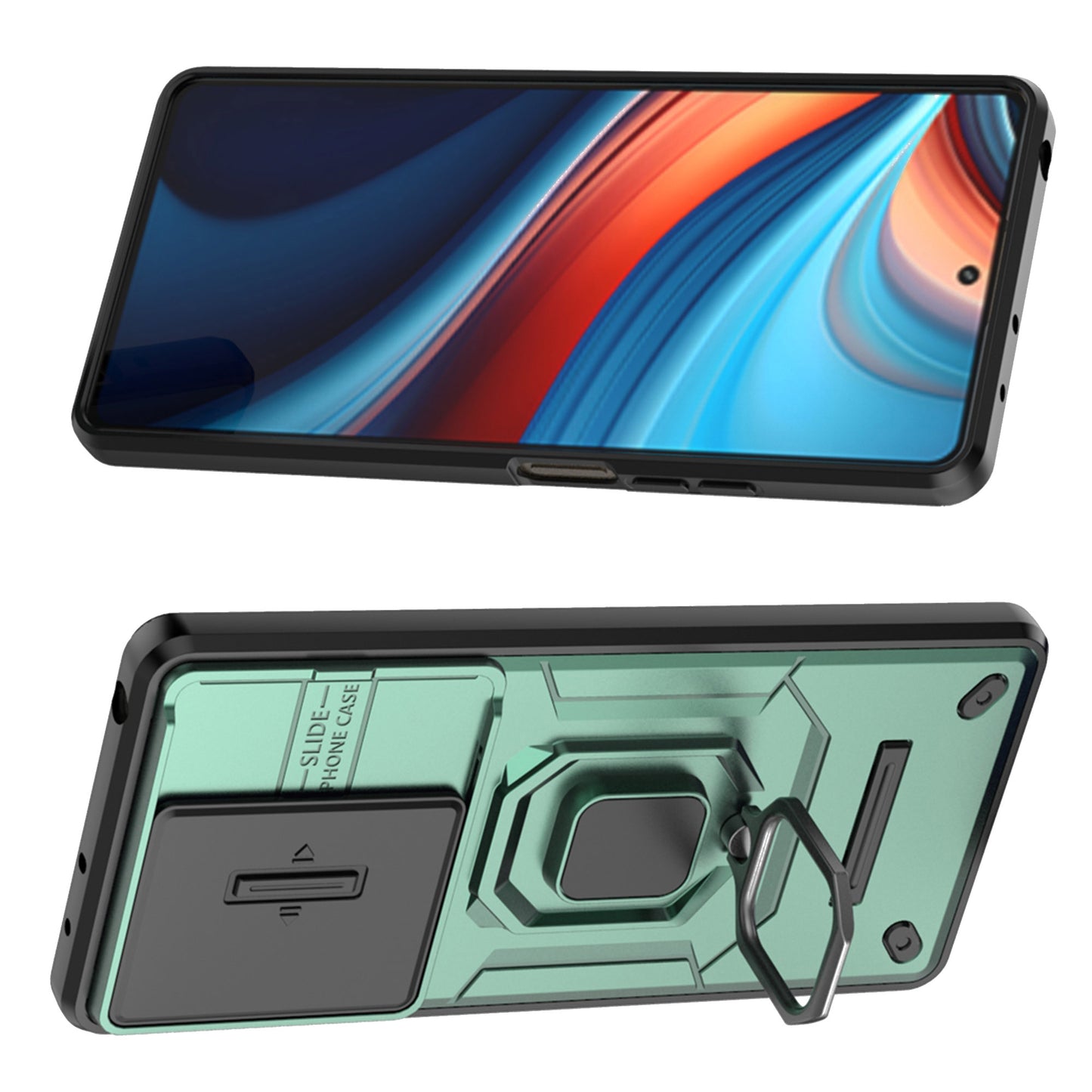 For Xiaomi Redmi Note 13R Pro 5G Case Slim-Fit Kickstand Cover with Slide Camera Lid - Green
