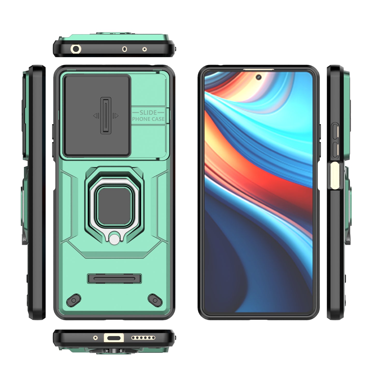 For Xiaomi Redmi Note 13R Pro 5G Case Slim-Fit Kickstand Cover with Slide Camera Lid - Green
