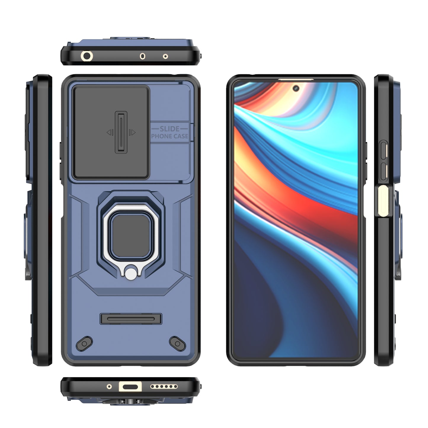 For Xiaomi Redmi Note 13R Pro 5G Case Slim-Fit Kickstand Cover with Slide Camera Lid - Blue